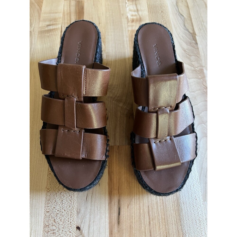 Vince Platform Espadrilles Sandals Brown Leather Black Women's US 5.5
